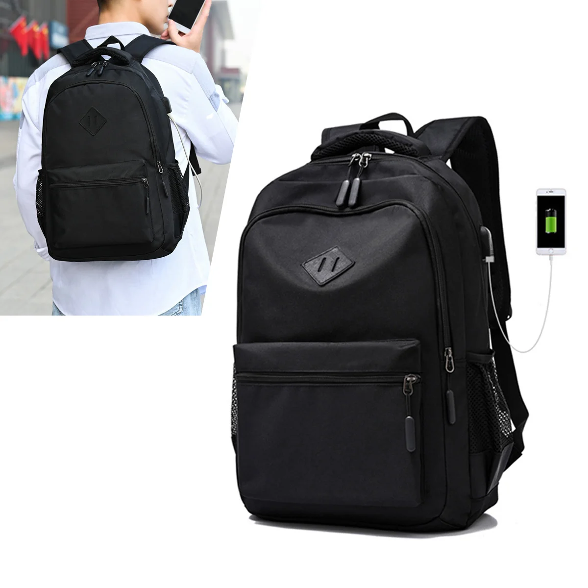 حقيبة ظهر رجالية من القماش أحادي اللون ، كاجوال للعمل ، سعة تخزين كبيرة ، جيوب متعددة