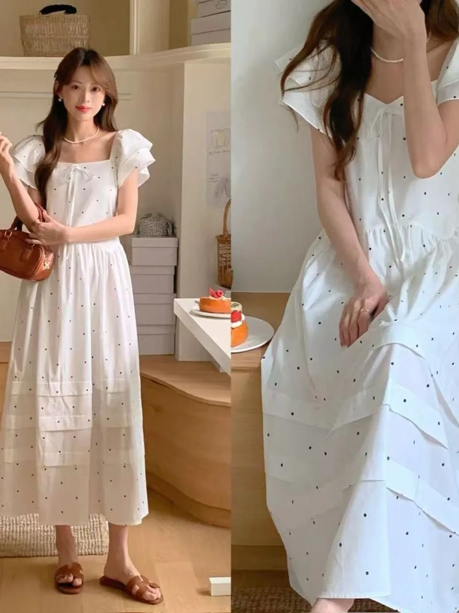 

Ele Polka Dot One oulder Two Wear Женское платье Лето Новое нежное ветровое кружево Sve Long Dr Commute Sle Квадратный воротник