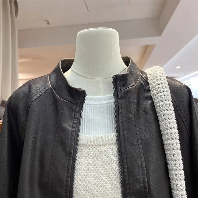 Edgy-Sweetเสื้อแจ็คเก็ตรถจักรยานยนต์ผู้ชายVINTAGE PUหนังW/Stand COLLAR & Cropped Fit-ผู้หญิงฤดูใบไม้ผลิฤดูใบไม้ร่วง 2025 BIKER Essentials