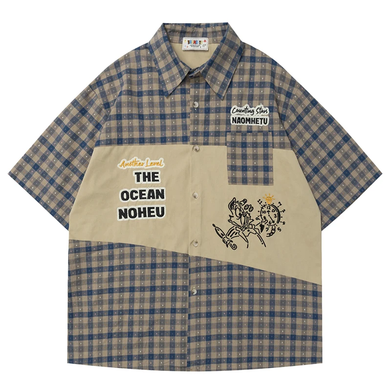 

Mens Patchwork Plaid Embroidered Shirt Hip Hop Streetwear Short Sleeve Button Up Casual Harajuku Vintage Summer Tops Unisex