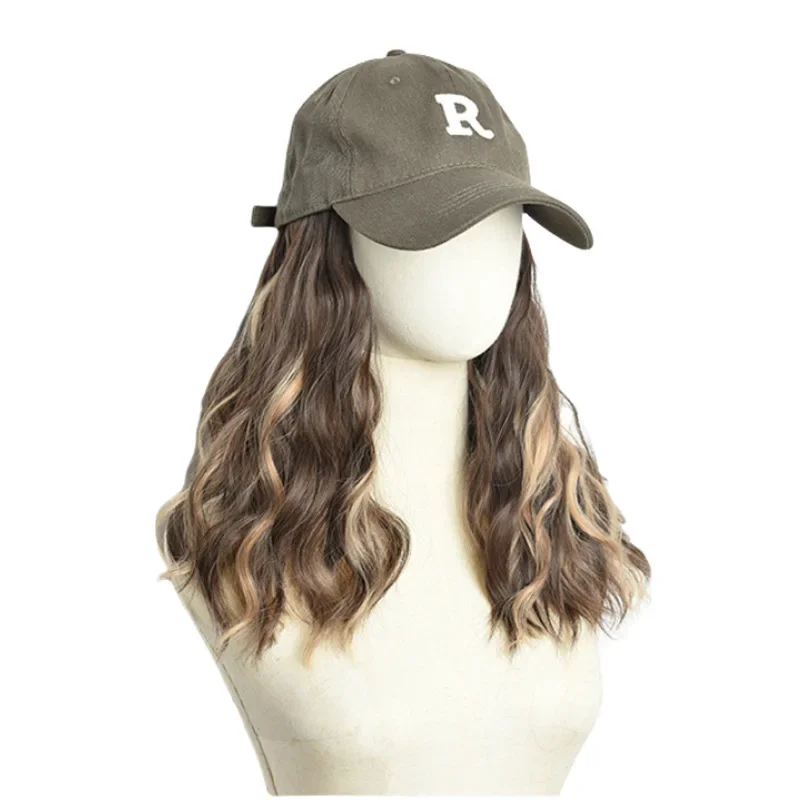 

Hat wig female integrated water ripple long curly hair fashion highlights embroidery baseball hat simulation hair full head cove