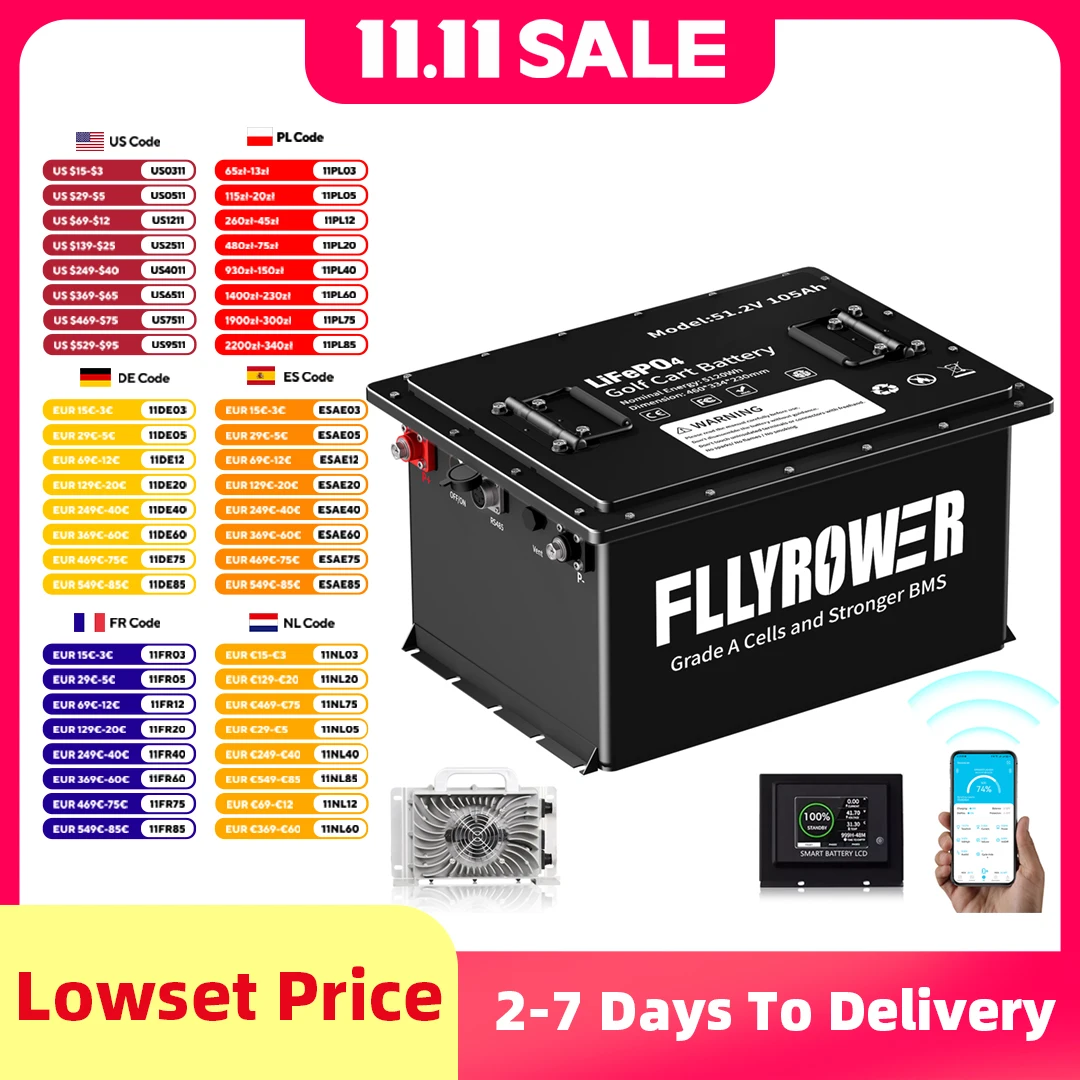FLLYROWER 36 فولت 105ah جولف سيارة LiFePO4 بطارية ليثيوم مع شاحن 200A BMS بلوتوث 8000 + دورات لعربة جولف نادي السيارات EZGO