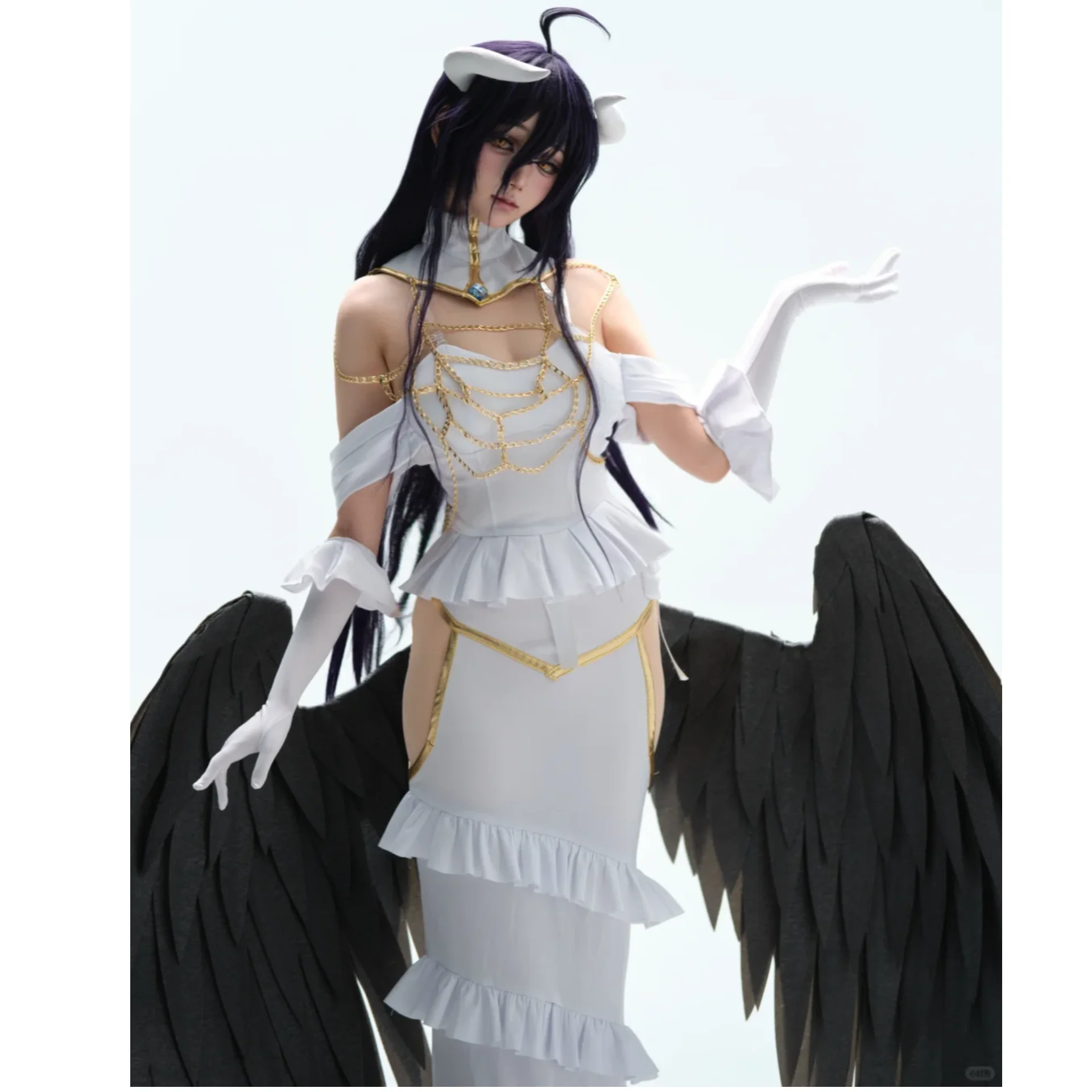 Overlord Albedo Cosplay Costume White Mermaid Dress Anime Outfit Full Set with Demon Horns Wig for Halloween Comic Con Roleplay - view 2