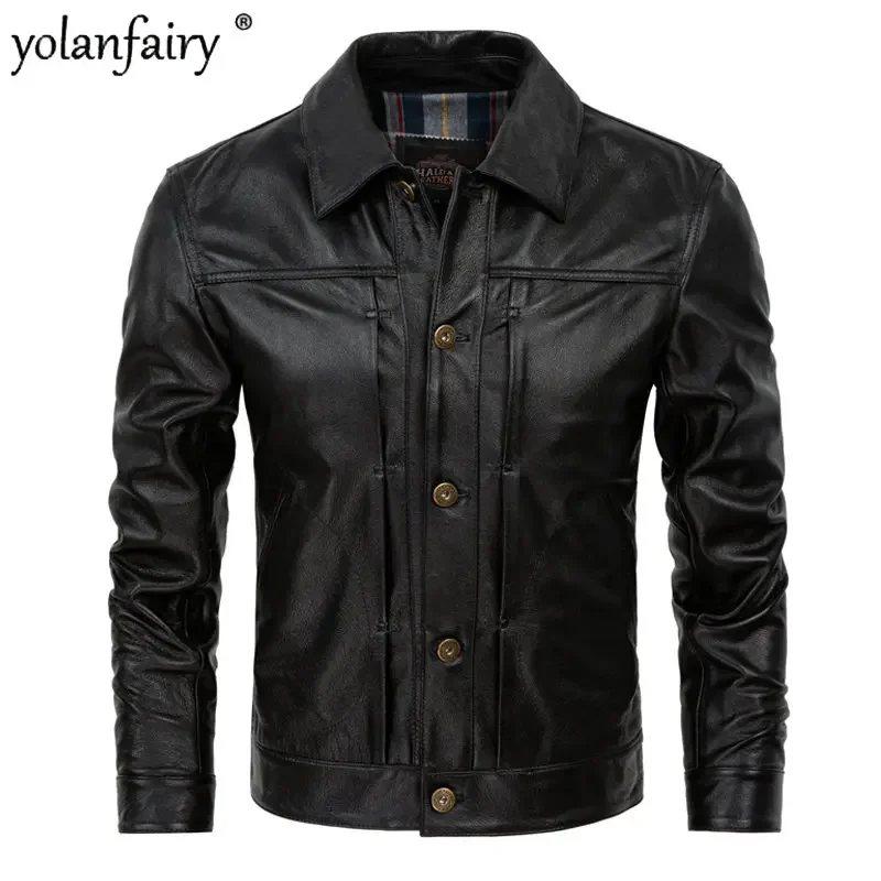 YOLANFAIRY Top Layer Cowhide Business Casual Leather Jacket Men's Genuine Leather Jacket Short Lapel Jackets Chaqueta Hombre