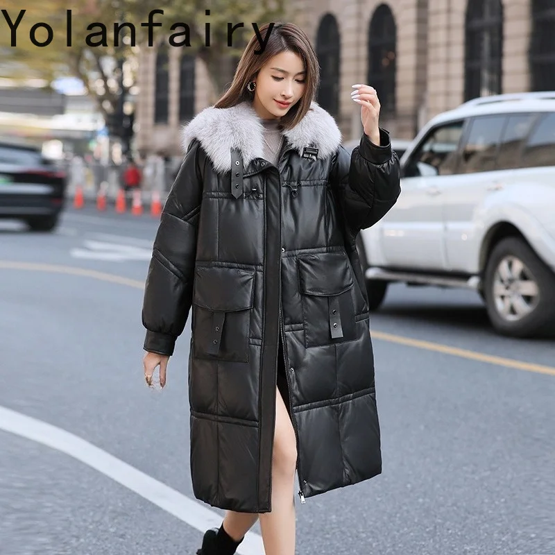YOLANFAIRY Real Sheepskin Coats Woman Fox Fur Naval Collar Duck Down Lining Mid Length Leather Coat Loose Jackets Плащ Женский