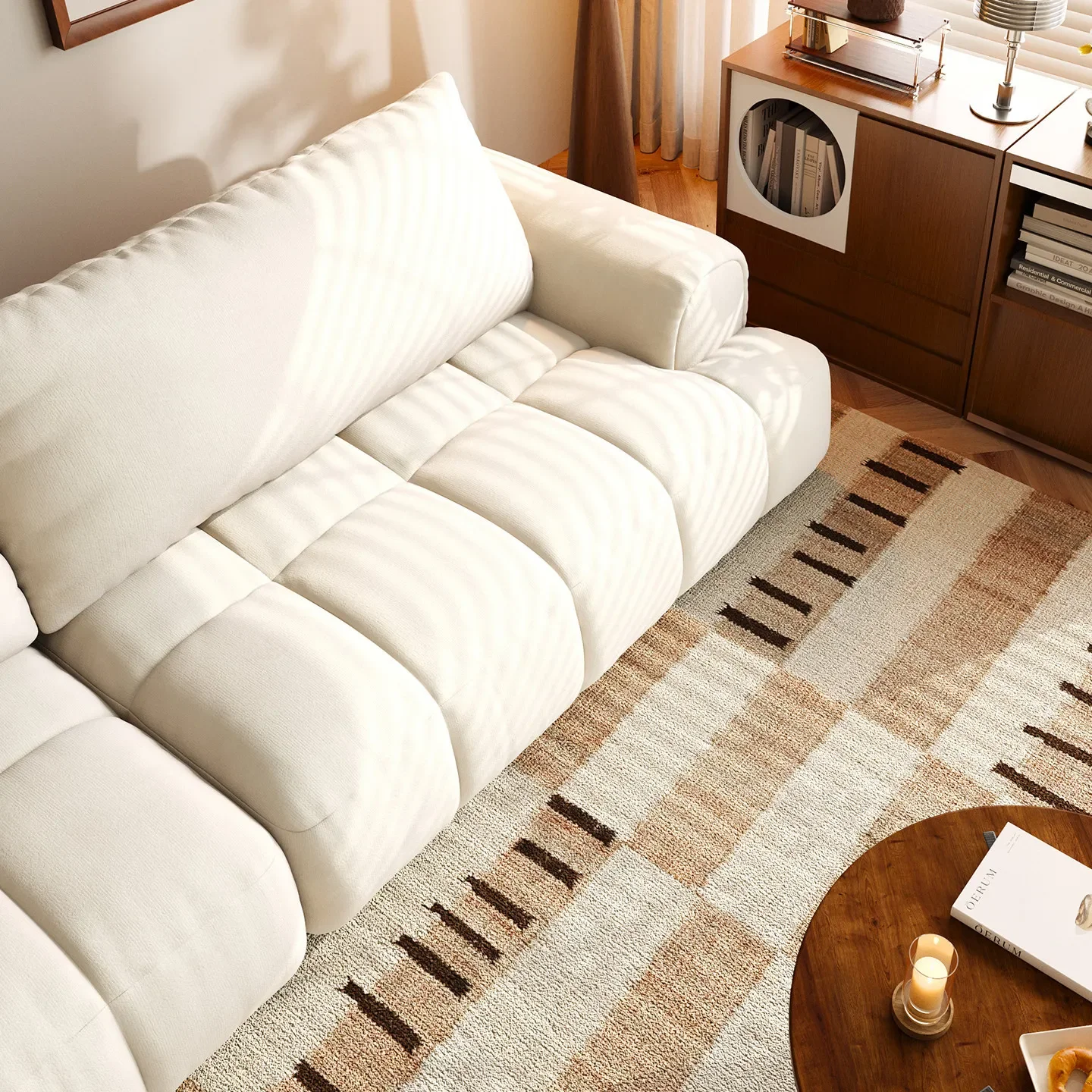 Living Room Small Apartment Modern Simple Cream Wind Puff Fabric Straight Row Sofal16