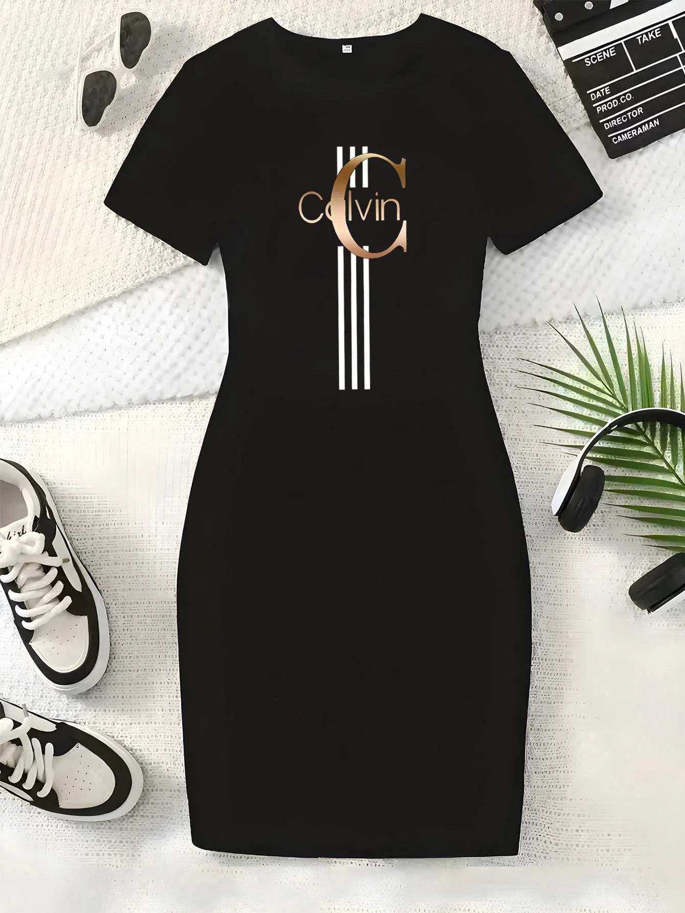 Letnia moda damska Calvin wzór nadruk casual seksowny dopasowany obcisły krótki rękaw okrągły dekolt T-shirt mini spódniczka