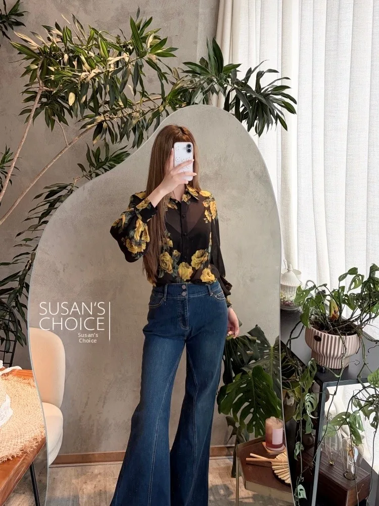 

AO Pure Original Fashionable Early Spring Yellow Rose Print Loose Fit Long Sleeve Shirt Women's Casual Style Breathable Top