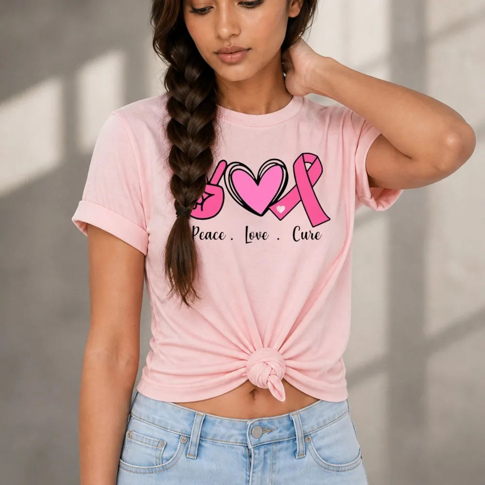 Peace Love Cure Pink Ribbon Women T-Shirt Breast Cancer Awareness Heart Peace Sign Survivor Casual Short Sleeve Crew Neck Tee
