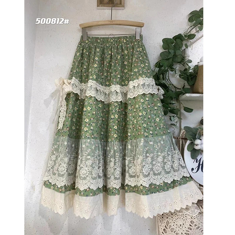 2026 New Arrival Spring/summer Women Loose Casual Floral Print A-line Skirt Cotton Linen Lace Patchwork Mid-calf Skirts T130