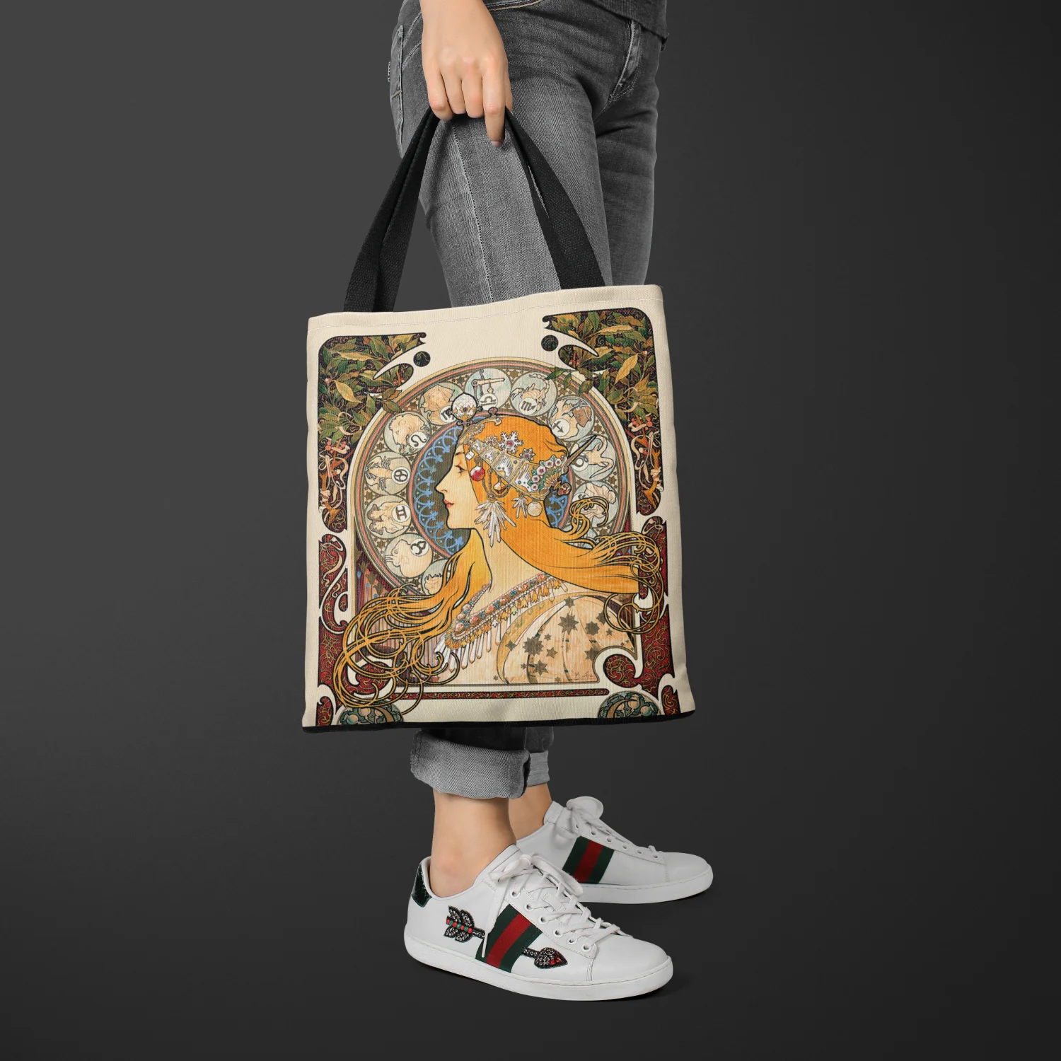 Mucha Series Digital Printed Canvas Bag Open Tote Bag Handbag Retro Canvas Shopping Bag