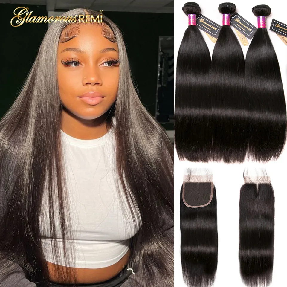 Straight Human Hair Bundles With Closure Peruvian Straight Bundles With 4x4 Lace Closuse For Black Woman Natural Color Extension