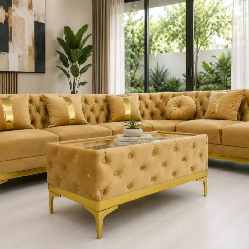L-shaped combination sofa set with table solid wood frame suitable for living room
