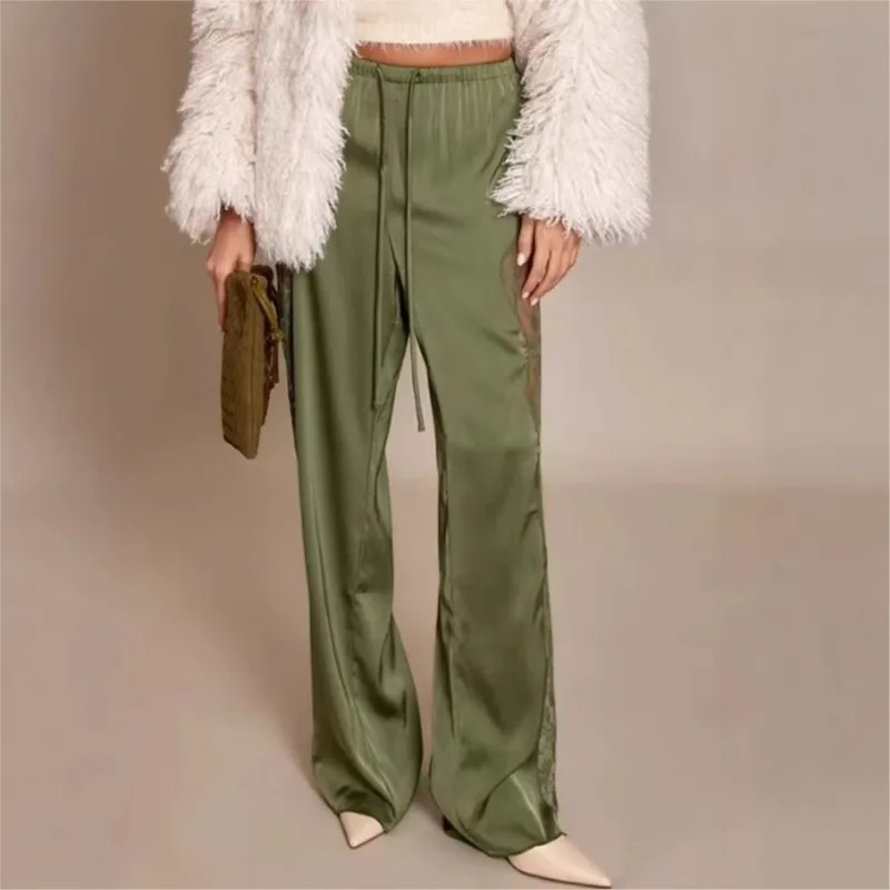Fashion Satin Lace Patchwork Design Pants French style Perspective Solid Color Lace-Up Pants Lady Stylish Trouser High Street