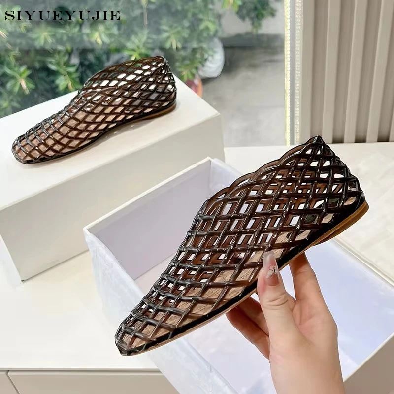 Round Toe Air Mesh Waterproof Flat Shoes Women's Rubber Weave Hollow Out Mary Jane Shoes Summer Outwear Holiday Slip Beach Shoes