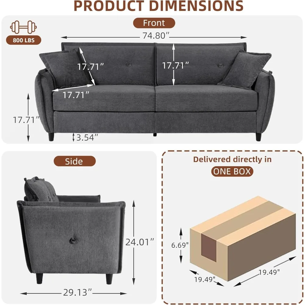 Graues 85 Deep Seat 3-Personen-Sofa mit USB-Anschlüssen, getufteter Komfort für kleine Wohnzimmer, Cloud Soft Love Seat Couch