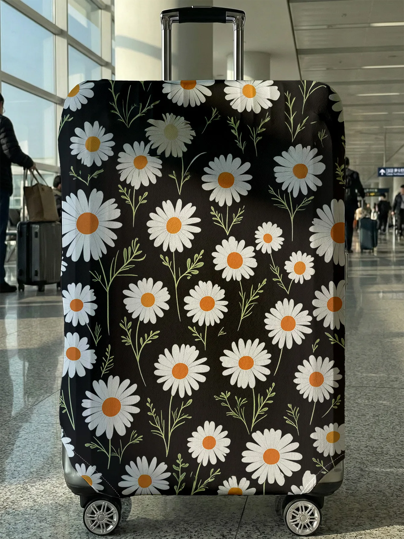 

Black Base White Daisy Full Print Luggage Cover, Suitable for 18-32 Inch Luggage Cover, Luggage Handle Glove, Travel Accessories