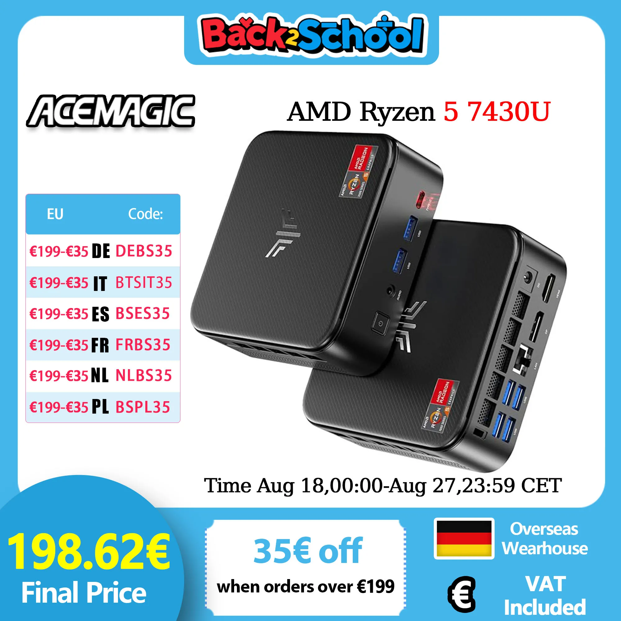 Mini PC ACEMAGIC E3B ΜD Ryzen 5 7430U 16 GB di RAM/512 GB SSD Mini Desktop Studio WiFi 6/BT 5.2/4 K Tripla Display/Supporto VESA