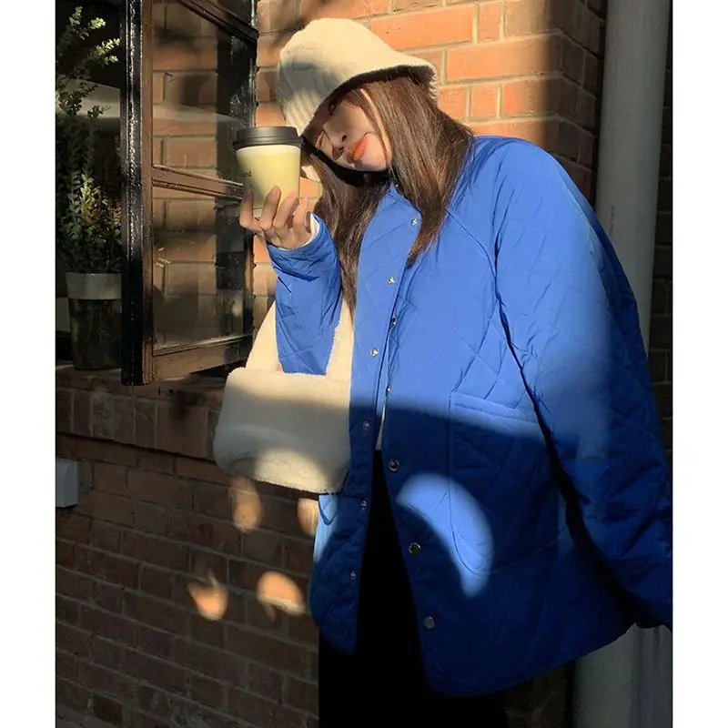 Klein Blue Diamond Pattern Thiened Cotton Jaet Winter New Lazy Bf Sle Warm Women's Mid-Length Cotton Coat Outerwear