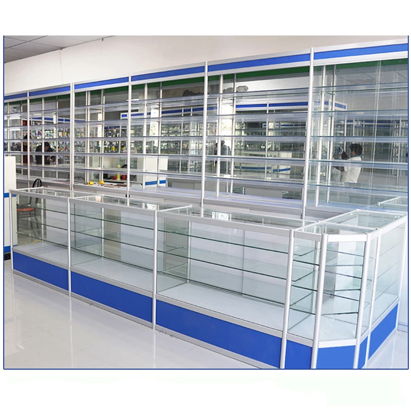 Custom.Metal Frame Green Wood Pharmacy Glass Display Counter with Storage Compartment with Lockable Door