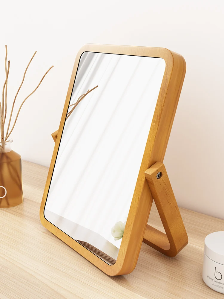 Desktop Mirror Figurines Square Dressing Makeup Mirror  Miniatures Solid WoodRetro Home Decor Crafts Office Portable Folding