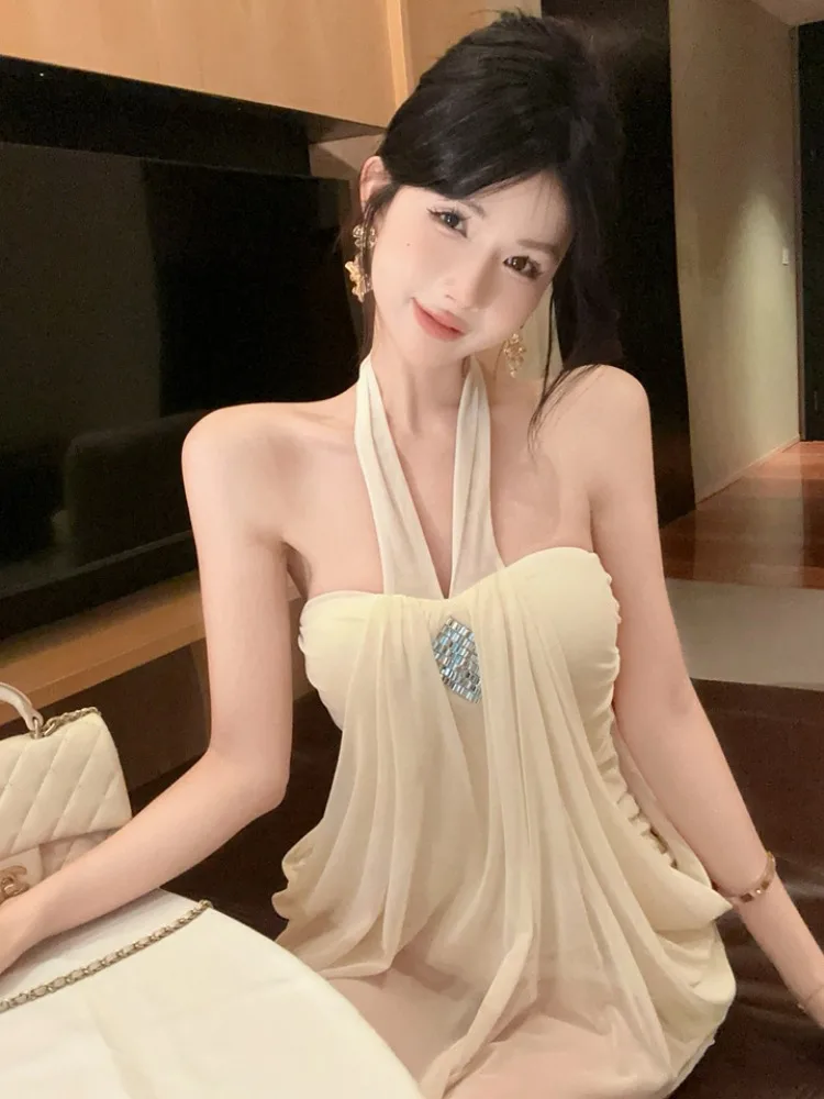 

Сексуальное женское летнее платье Pure Desire с сетчатыми вставками, без бретелек, с завязками на шее, утягивающее талию, короткое, в корейском стиле