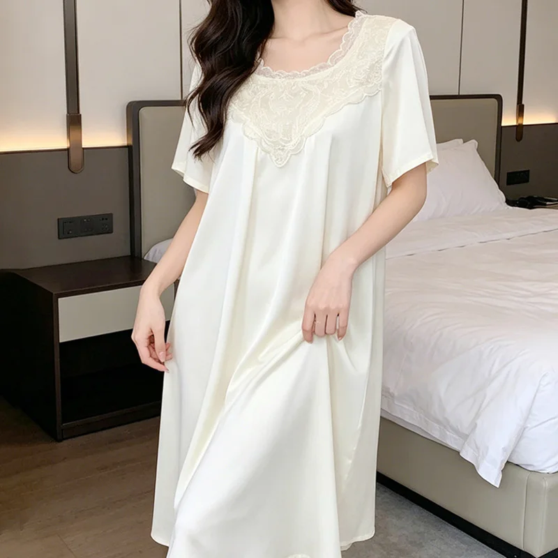 Women Spring Summer French Vintage Princess Sleepwear Long Silk Pajama Nightdress Fairy Ruffles Female Lace Victorian Nightgowns