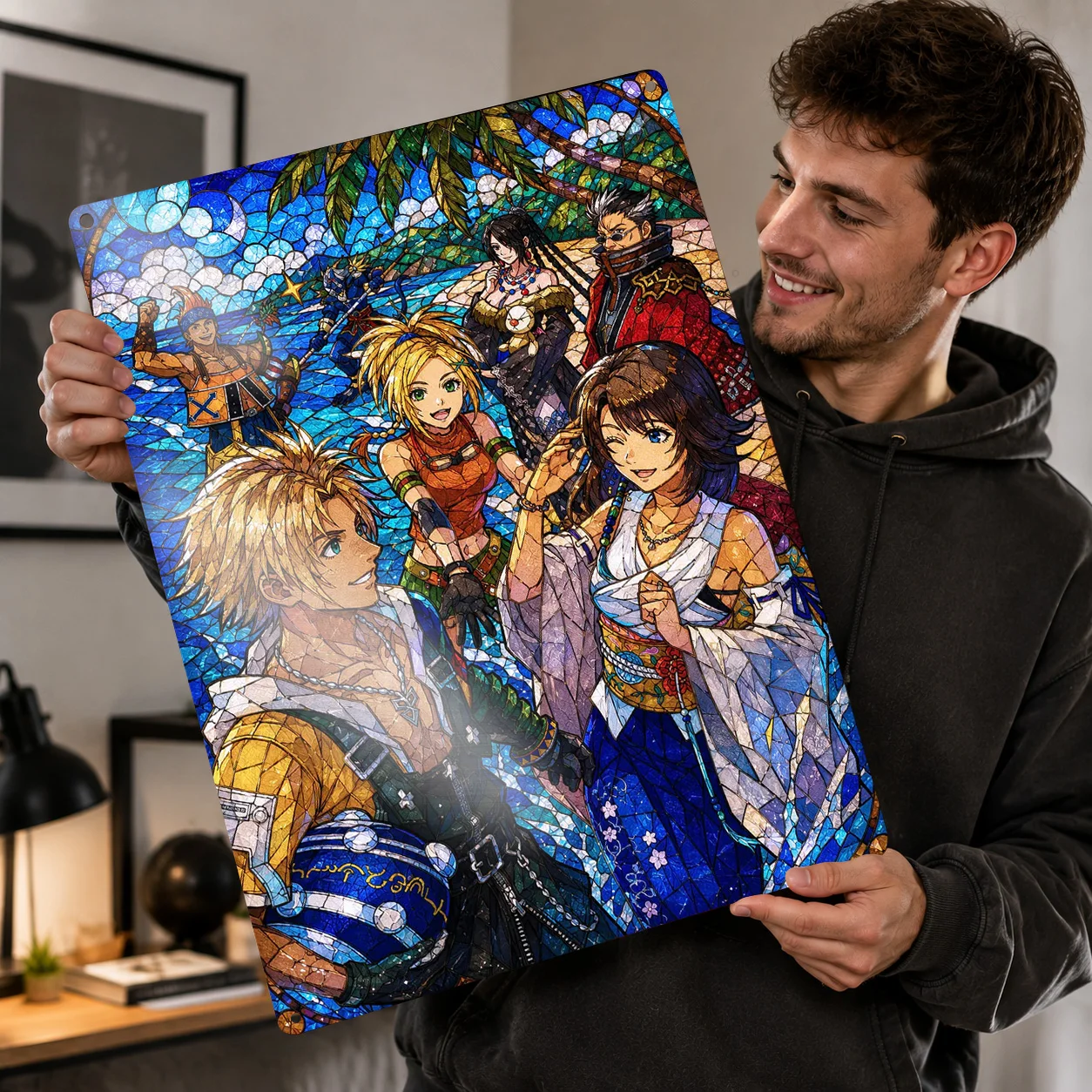 Final Fantasy X Stained Glass Art 3D Printed Texture Poster Personalized Wall Art Retro Metal Tin Signs for Vintage Decorations