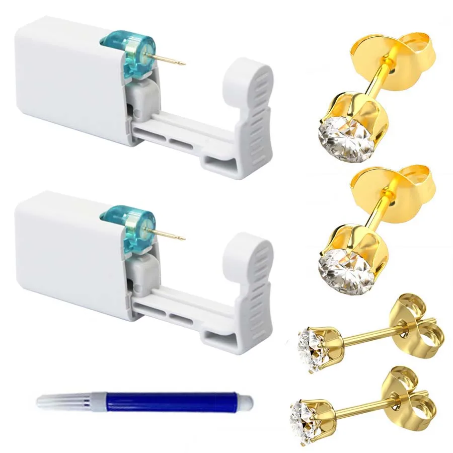2PCS Disposable Ear Piercing Gun with Built-in Ear Studs & 2pcs Cubic Zirconia Earrings-For Home Use Ear Piercing Kit