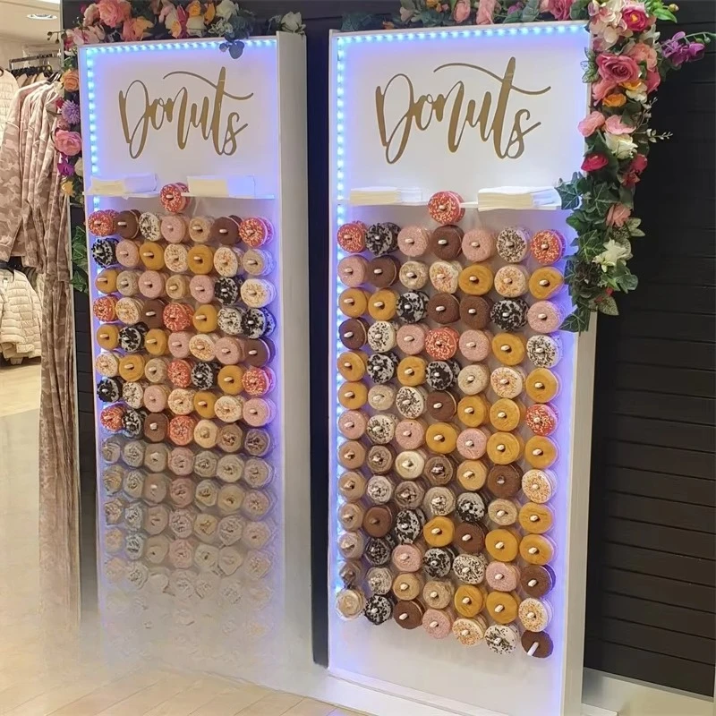 Donuts de pared, suelo de pared, soporte de pared Prosecco, soporte de exhibición de donuts de madera con diodo emisor de luz
