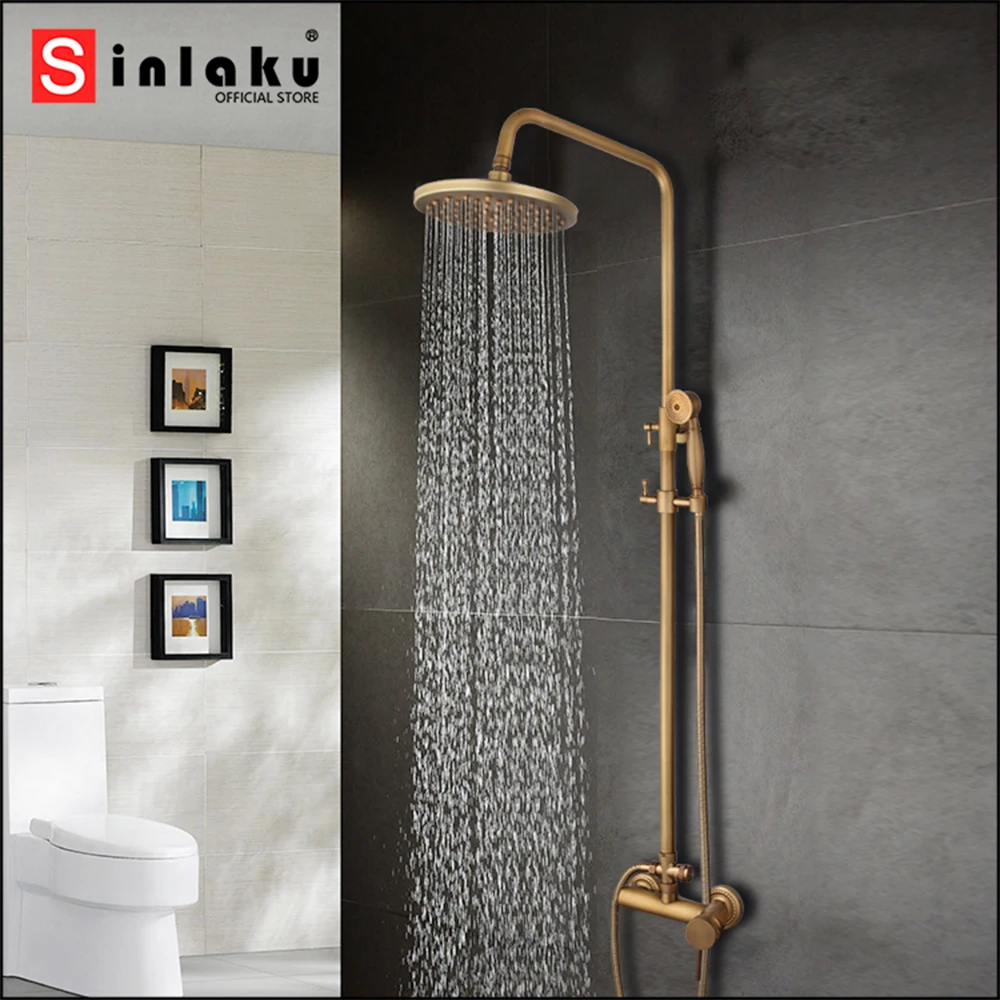 

SINLAKU Bathroom Shower Faucet Set Antique Brass Wall Mounted Single Handle Faucets Rainfall And Stream Hot Cold Water Mixer Tap