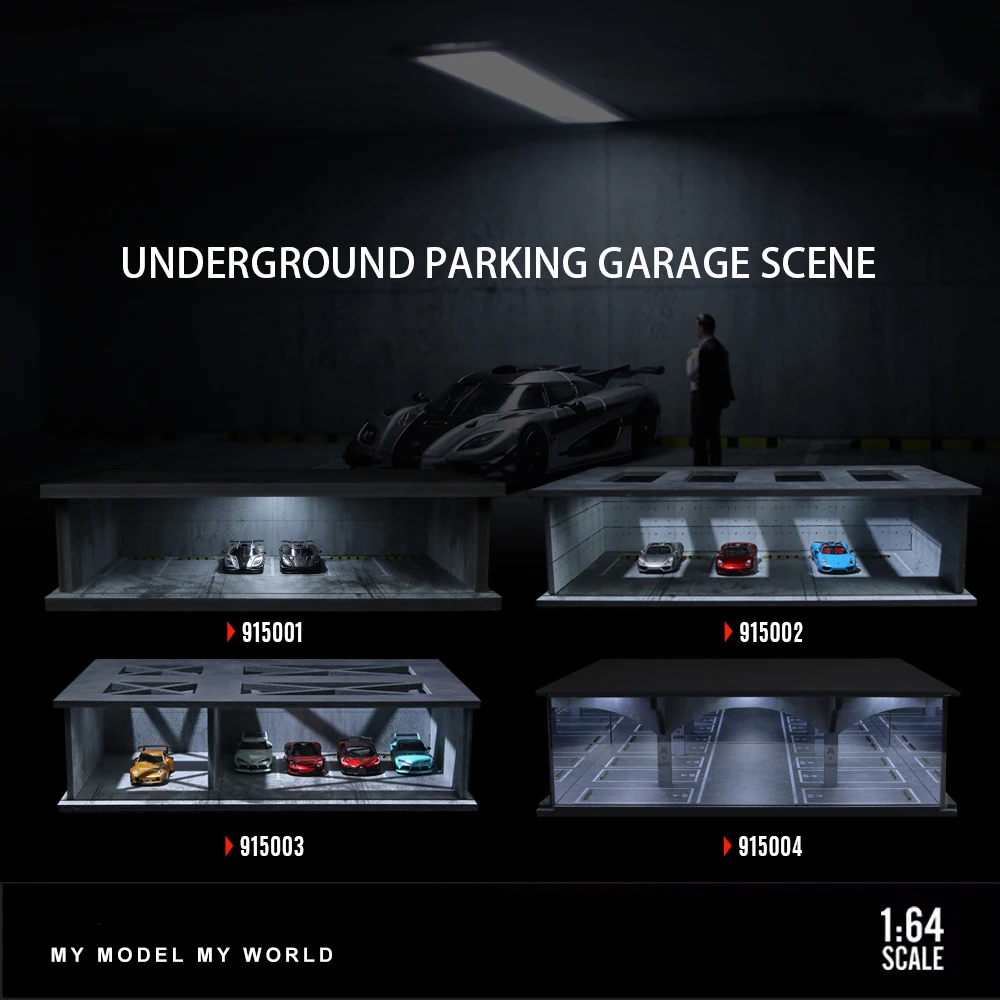 

Car Garage Models 1/64 Model Parking Space Lot Diorama Car Parking Space with Lights Simulated Decoration Scene