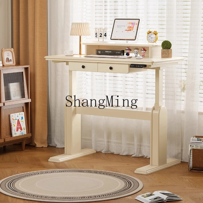 

ZYY Cream Wind Electric Lifting Desk Household Bedroom Computer Desk Solid Wood Standing Workbench