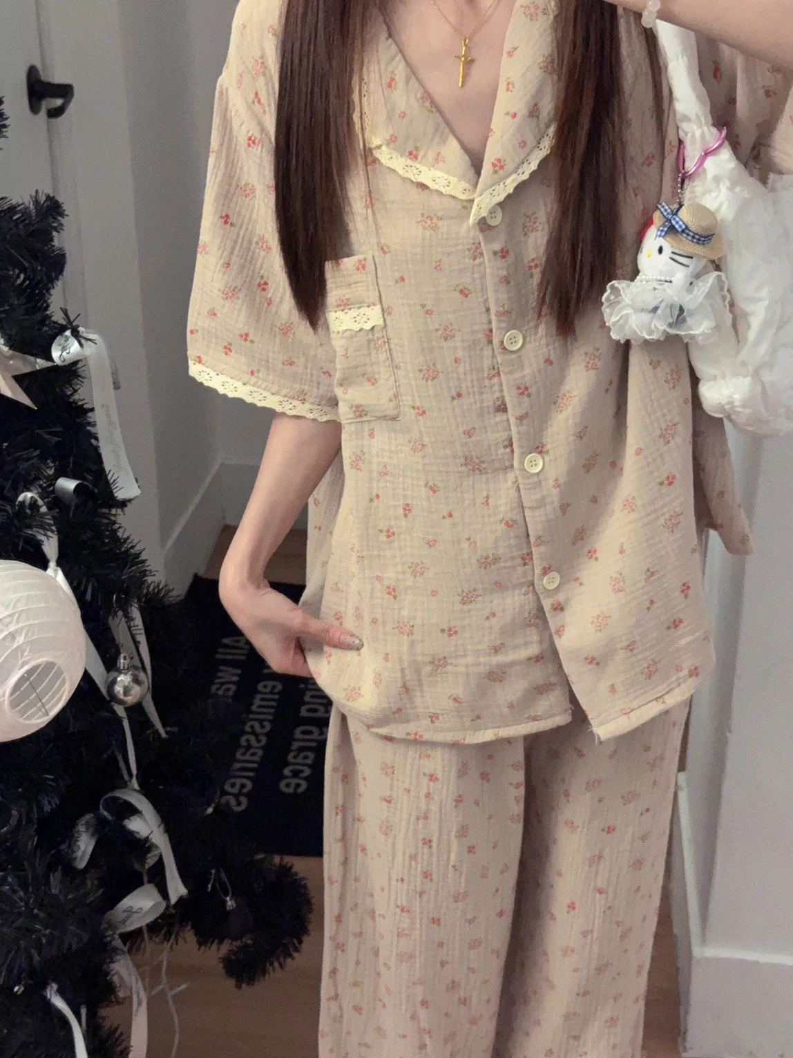 

Summer Spwear Women's Loose Home Clothes Set Long Sve Cotton Gauze Floral Lace Comfortable Breathable Lightweight