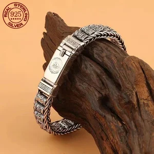 Bracelet masculin de style rétro, bracelet simple et généreux en argent, mantra tissé à six caractères, 925, chaîne en argent, bijoux 8 meilleurs mantras de vente - No 8