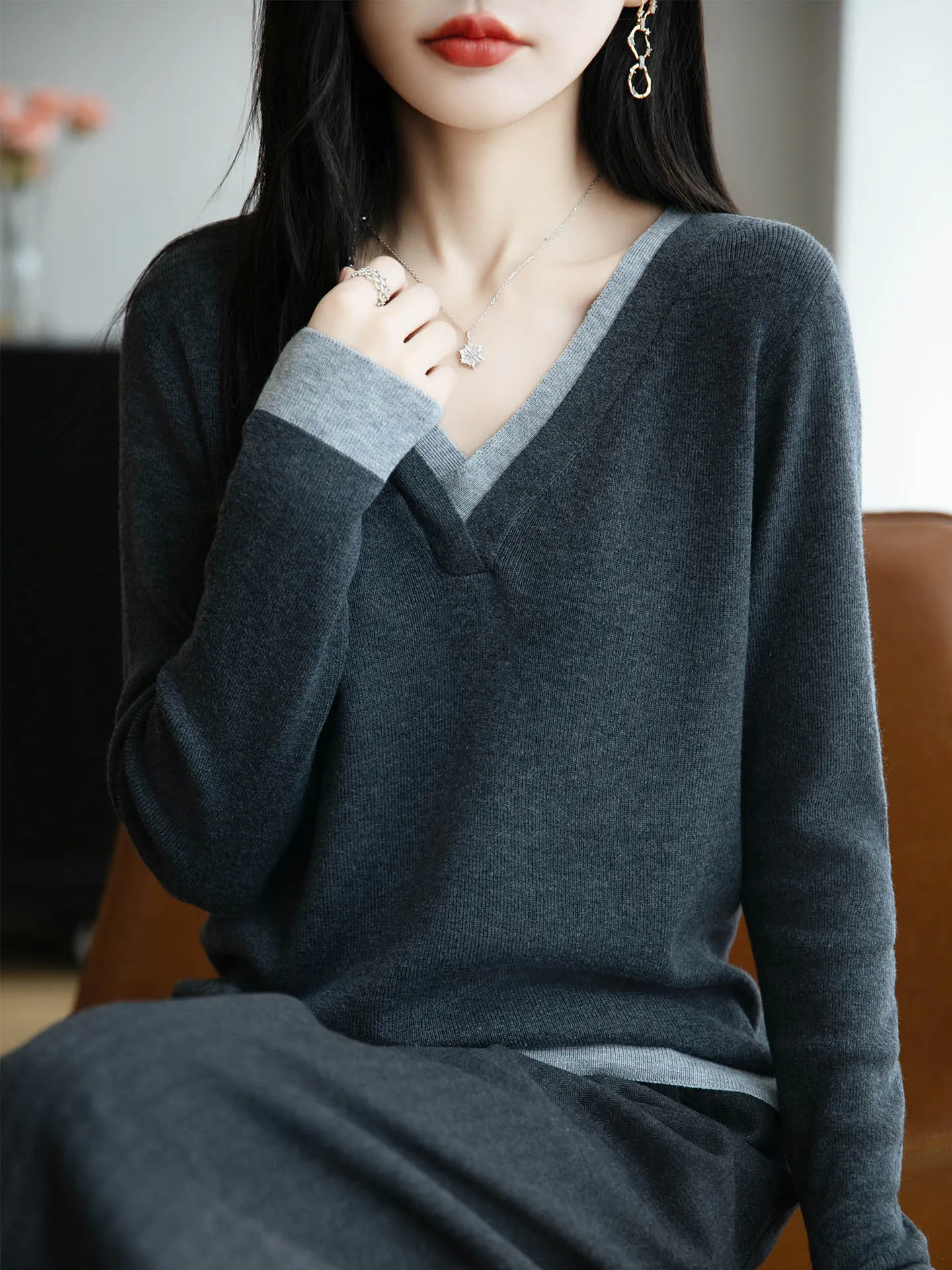 Leisure 100% Merino Wool For Women V-neck Pullover Color Blocking Knit Sweater Cashmere Warm Autumn Knitwear Fashion Top