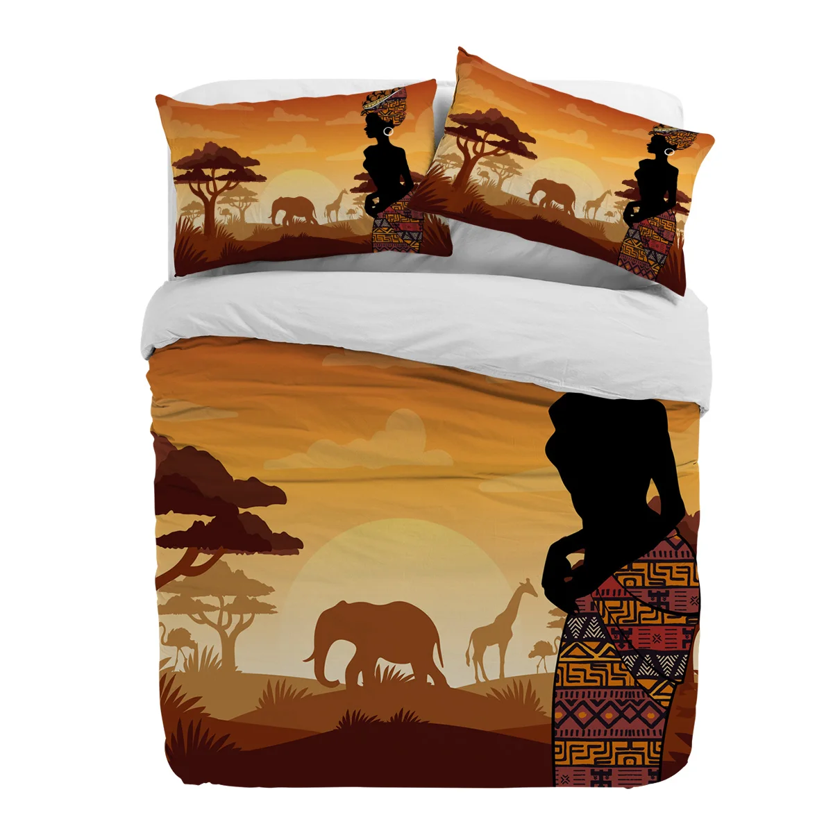 

Africa Woman Giraffe Elephant Silhouettes Duvet Cover With Pillow Case 3pcs Bedding Set Quilt Cover Double Bed Home Textile
