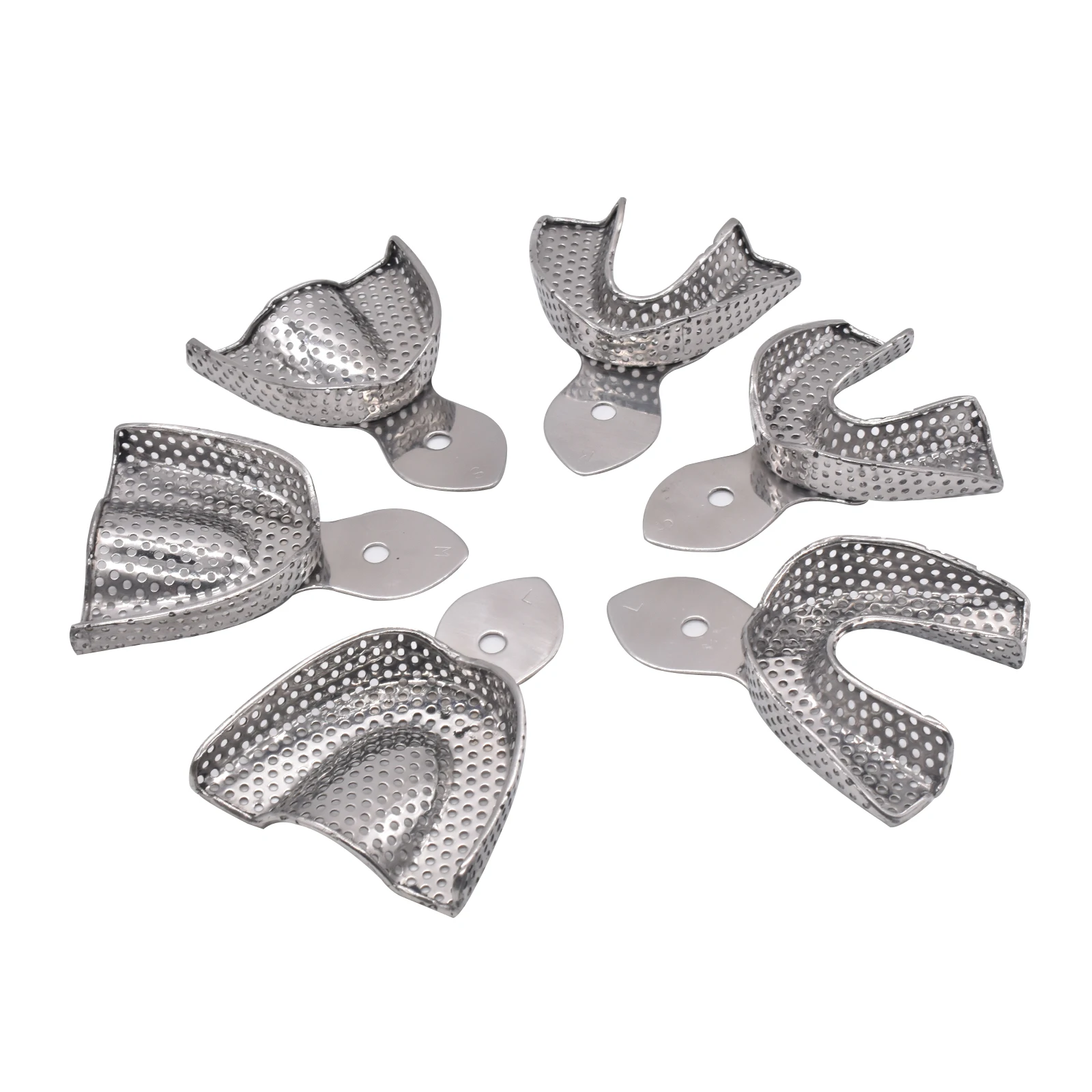 6pcs/set Dental Stainless Steel Impression Tray with Holes Upper Lower Teeth Holder Dental Impression Buckets Dental Tools