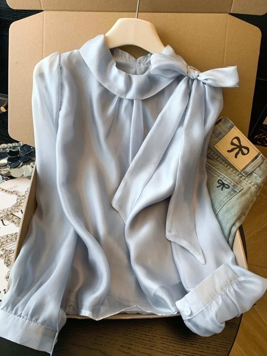 

Ladies Blue Satin Loose Fit Thin irt Summer New Sle Single Wear Versatile irt Korean Sle Commute Wind Long Sve