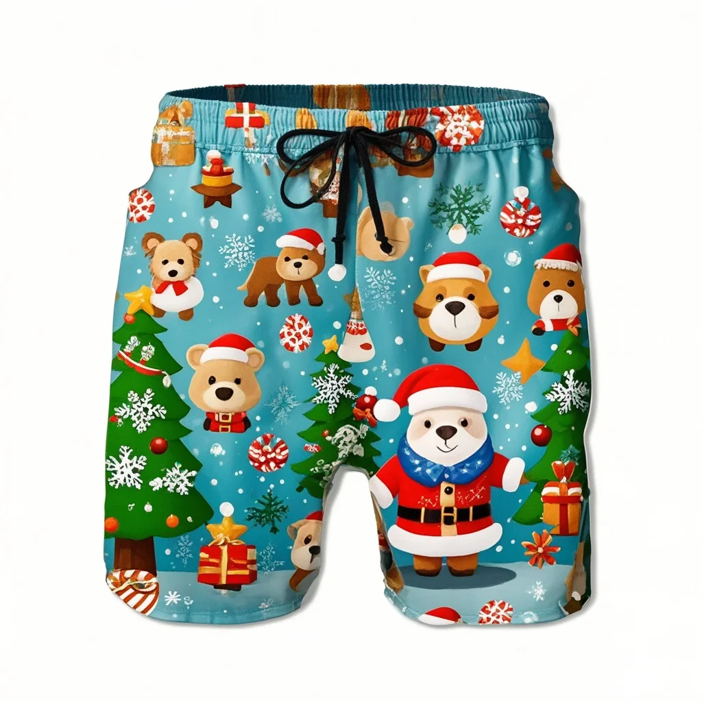 Fashion 3D Merry Christmas Graphic Beach Shorts Santa Claus Xmas Christmas Trees Graphic Swimming Shorts Men Funny Board Shorts