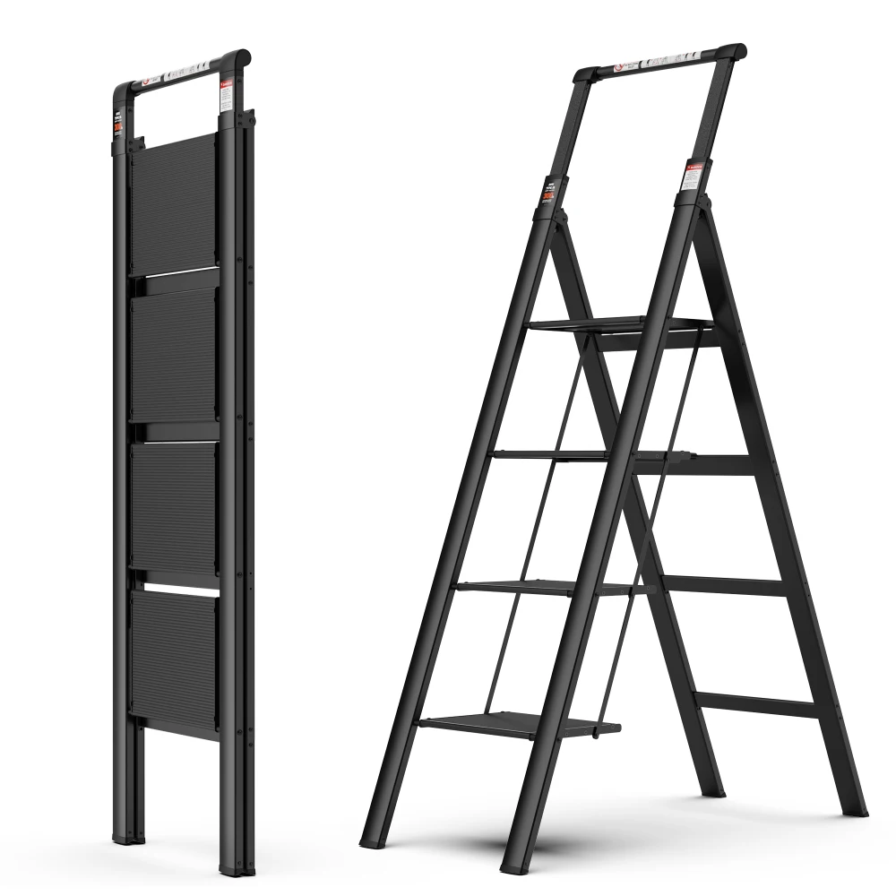 4 Step Ladder, Retractable Handgrip Folding Step Stool with Anti-Slip Wide Pedal, Aluminum Step Ladders 4 Steps, 300lbs Safety