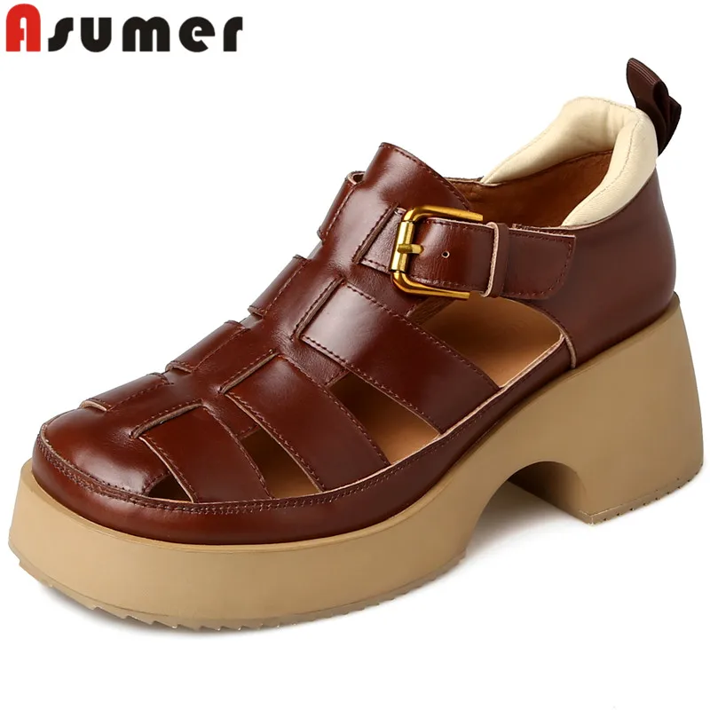 

ASUMER 2024 New Size 34-40 Genuine Leather Casual Shoes Woman Ladies Buckle Platform Sandals Gladiator Thick High Heels Sandals