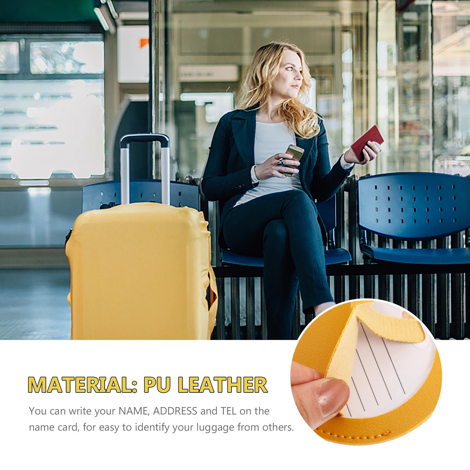 

2 pcs Luggage Tag PU Round ID Suitcase Identifier Yellow Color Plane Travel Baggage Label Name Card Attached