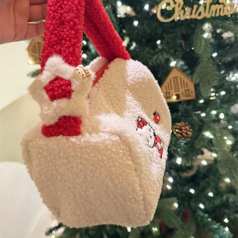 ハローキティ ラムウール ハンドバッグ 秋冬 大容量 化粧品 トイレタリー 収納 シングルレイヤー ジッパー 女の子 クリスマス ギフト