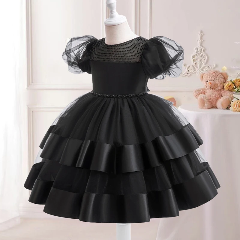 Black Girls Party Dresses Beading Children Christmas Costume Tulle Tutu Princess Dress Elegant Kids Girl Birthday Wedding Gown