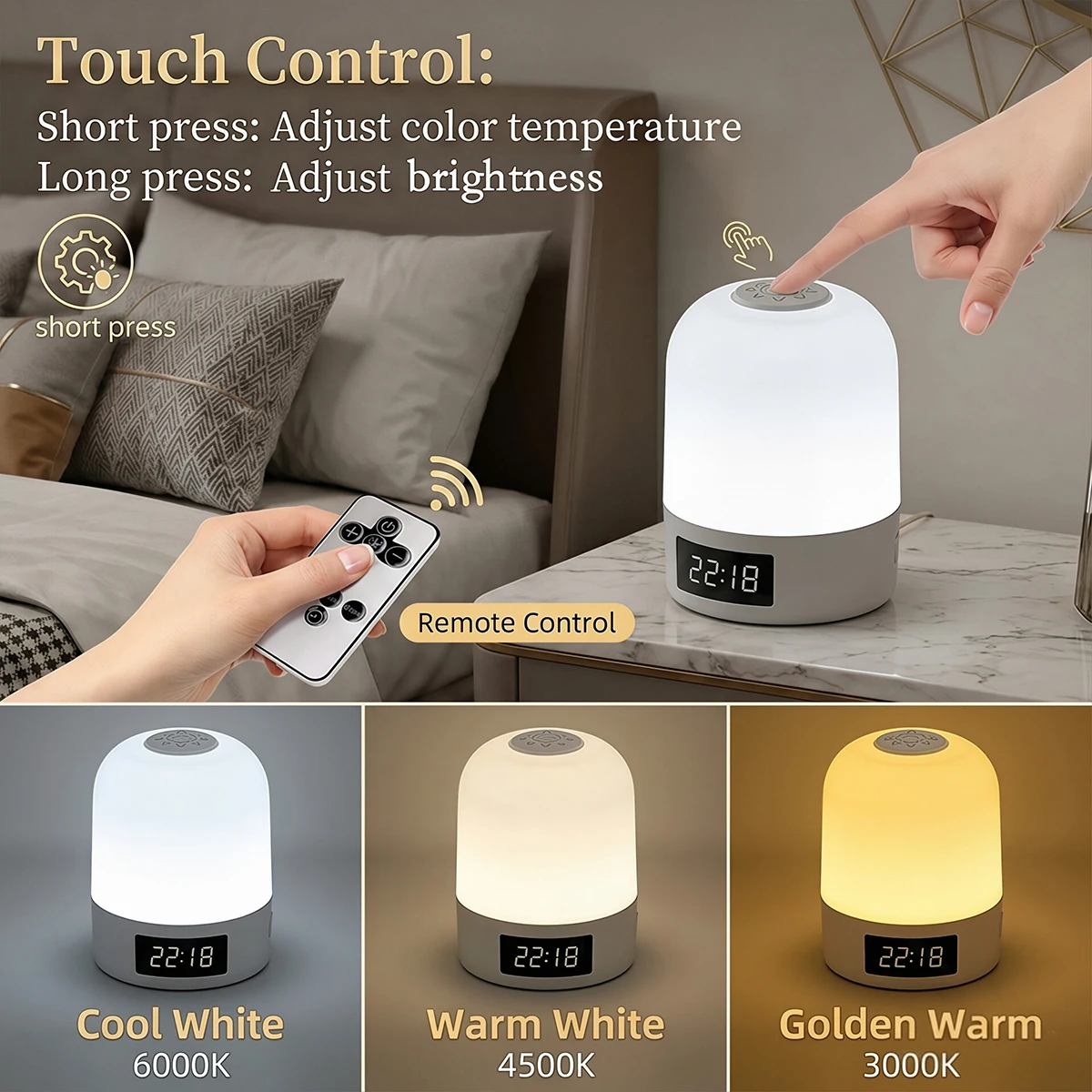 Rechargeable Touch Night Light 3Color Dimmable Desktop Lamp Bedroom Bedside Decor Touch LED Reading Table Lamp for Sleeping Work