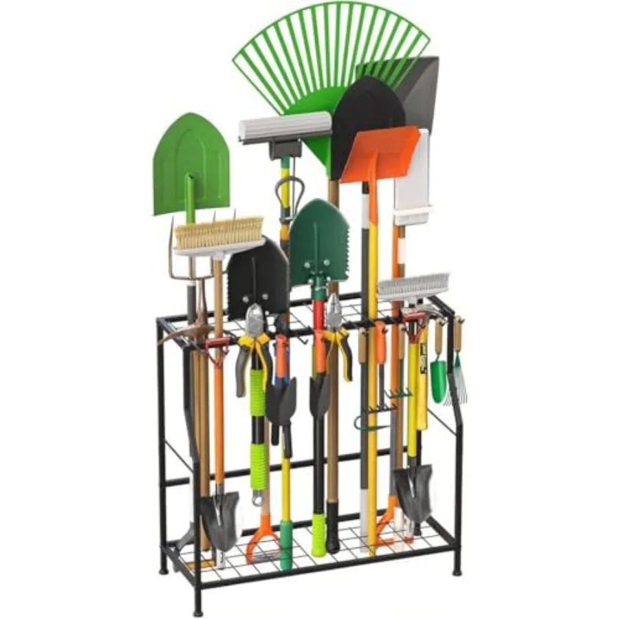

Garden Tool Organizer 2 Tier Yard Storage Rack With14 HooksHeavy Duty Holder With 43 Long-Handled Slots Freestanding Tool Organ