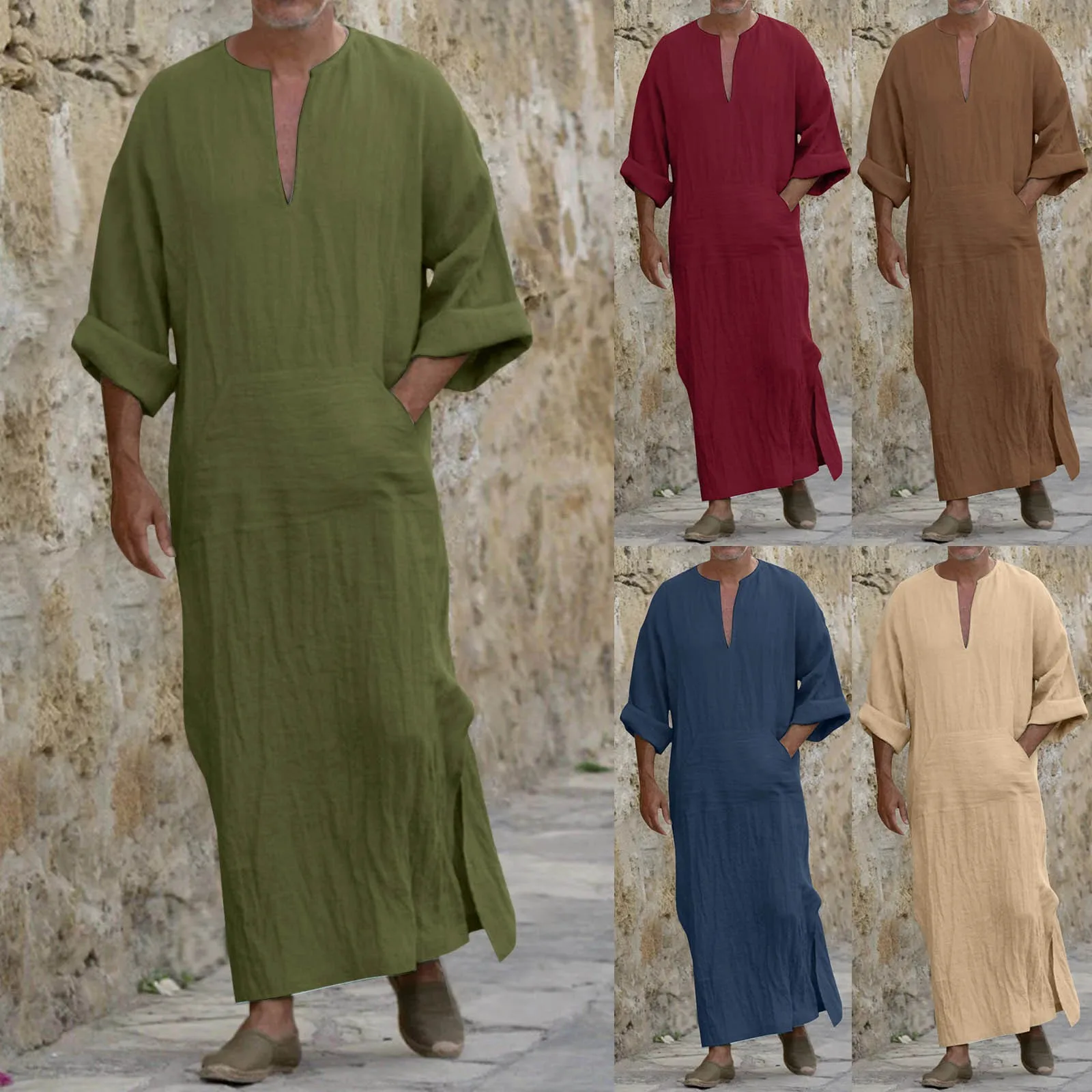 Мусульманский халат с V-образным вырезом, повседневное свободное винтажное арабское этническое мусульманское платье с длинными рукавами и карманами, Мужская абайя, мусульманская одежда
