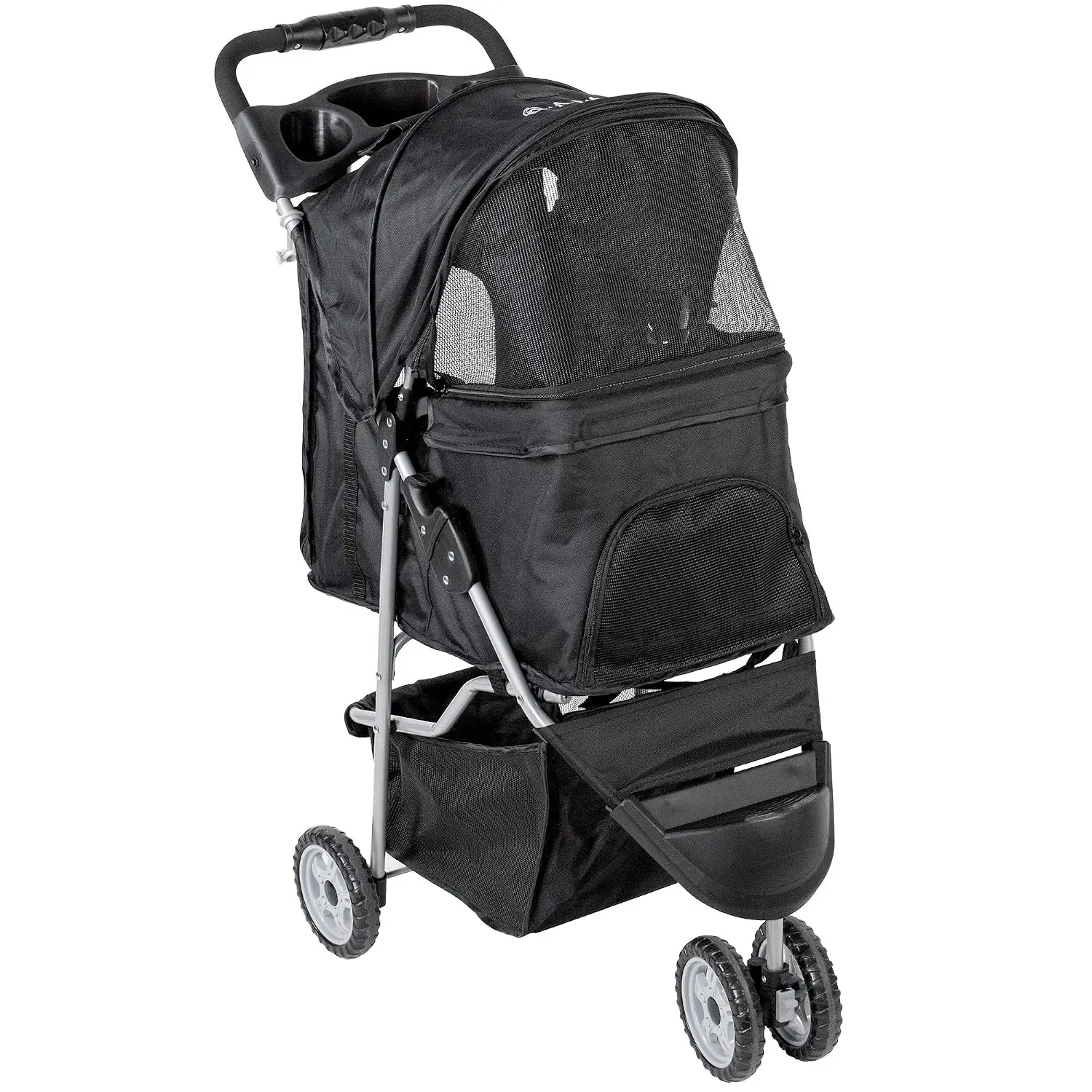 3 Wheel Pet Stroller for Cats & Dogs, Foldable Carrier Cart, Up to 30 lbs, Black