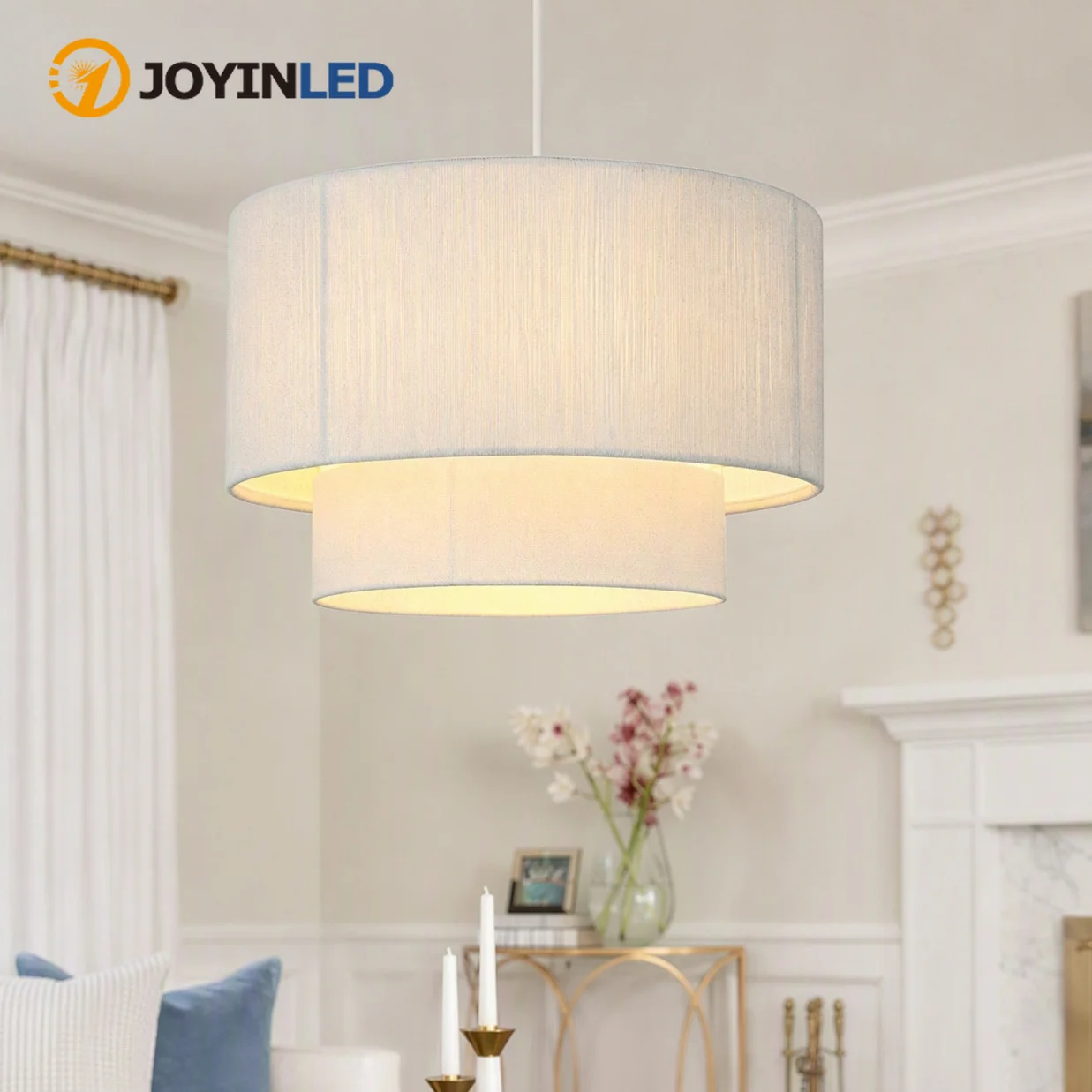 Boho Hand Woven Pendant Light Fixture 40cm White Rattan Chandelier Dual Layer Drum Shade Hanging Light Fixture for Dining Room
